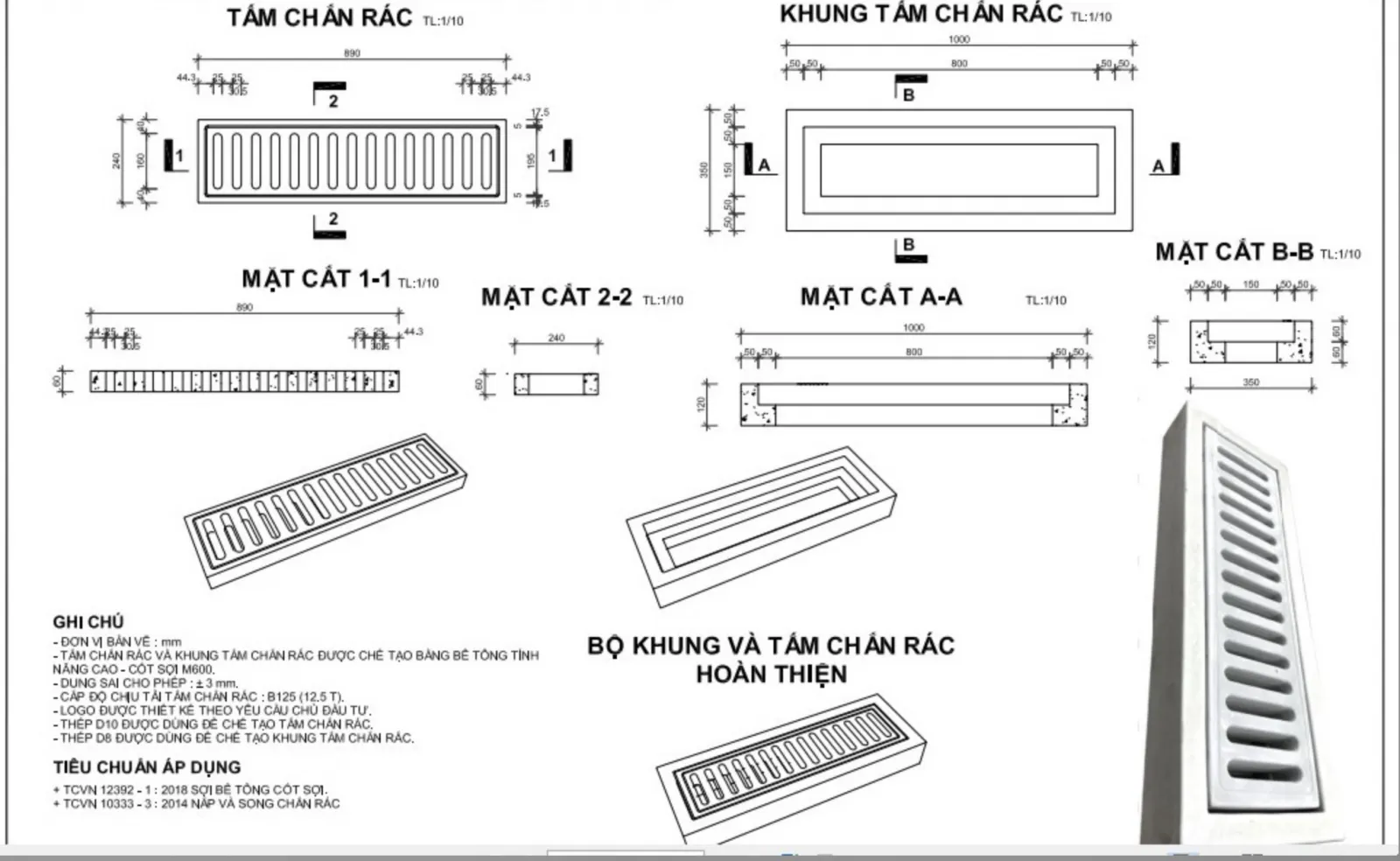 Bản vẽ kỹ thuật bộ khung và tấm chắn rác bằng bê tông cốt sợi thủy tinh