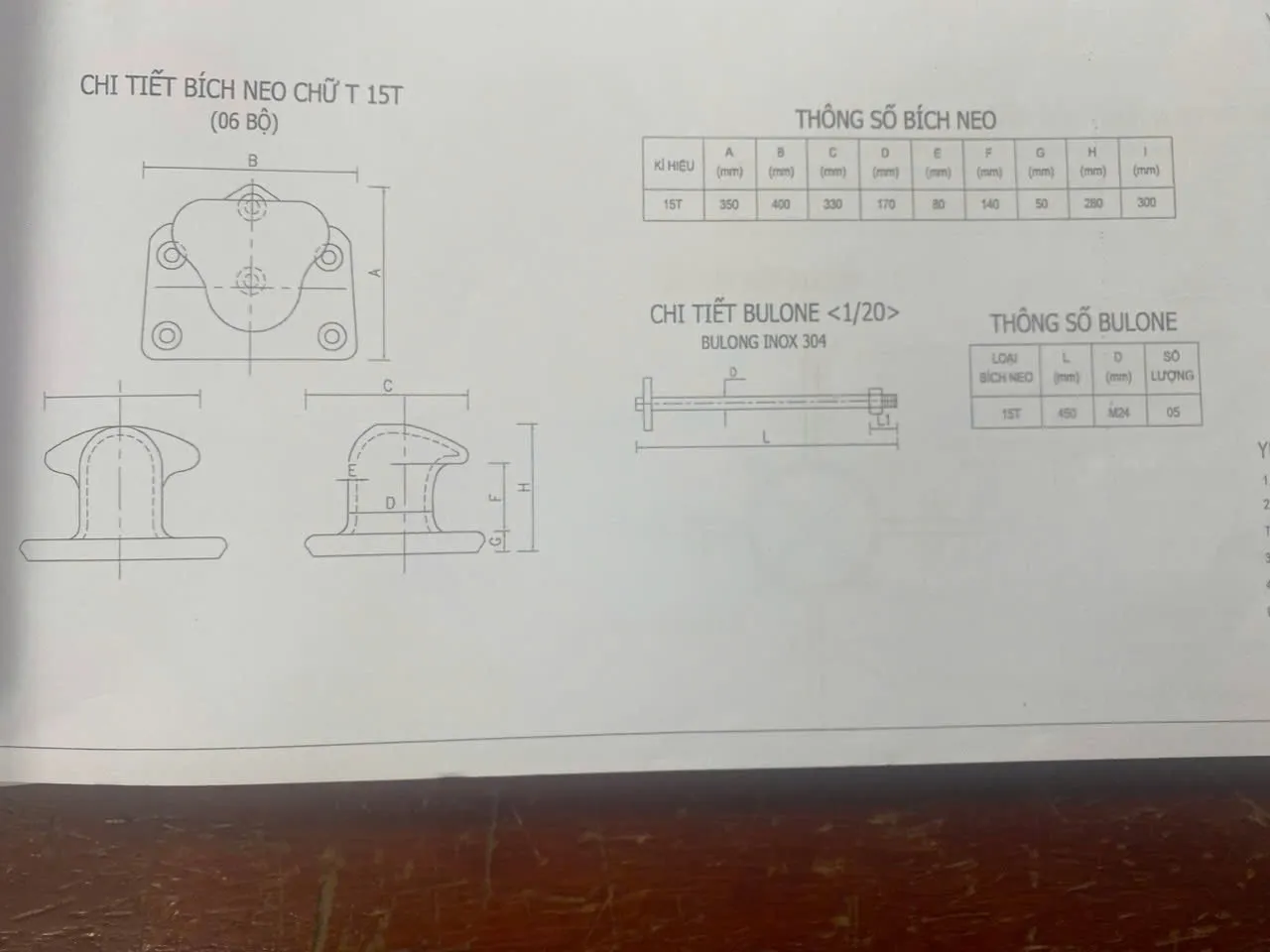Bản vẽ chi tiết Bích neo chữ T 15T và bulong neo do Lương Sơn Bạc cung cấp.