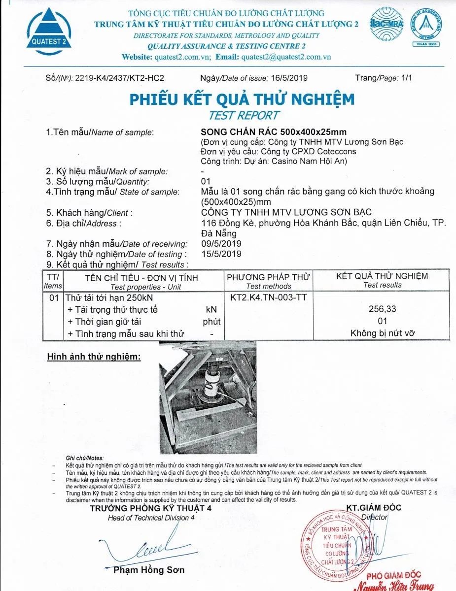 Chứng nhận đảm bảo chất lượng của song chắn rác bằng gang không khung Lương Sơn Bạc