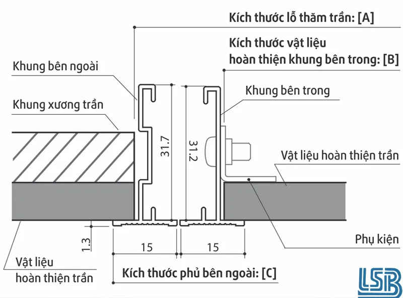 Bảng vẽ kỹ thuật của cửa kỹ thuật âm trần thạch cao