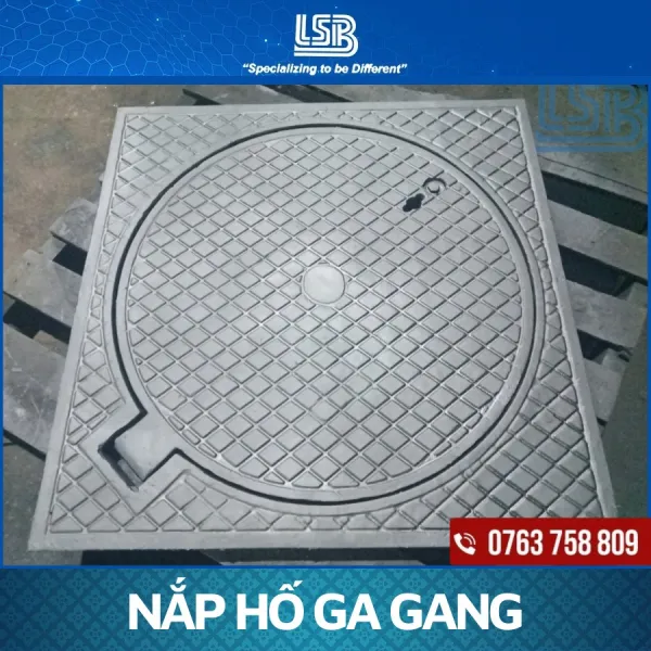 Nắp hố ga gang/composite dạng khung vuông dương nắp tròn có bản lề