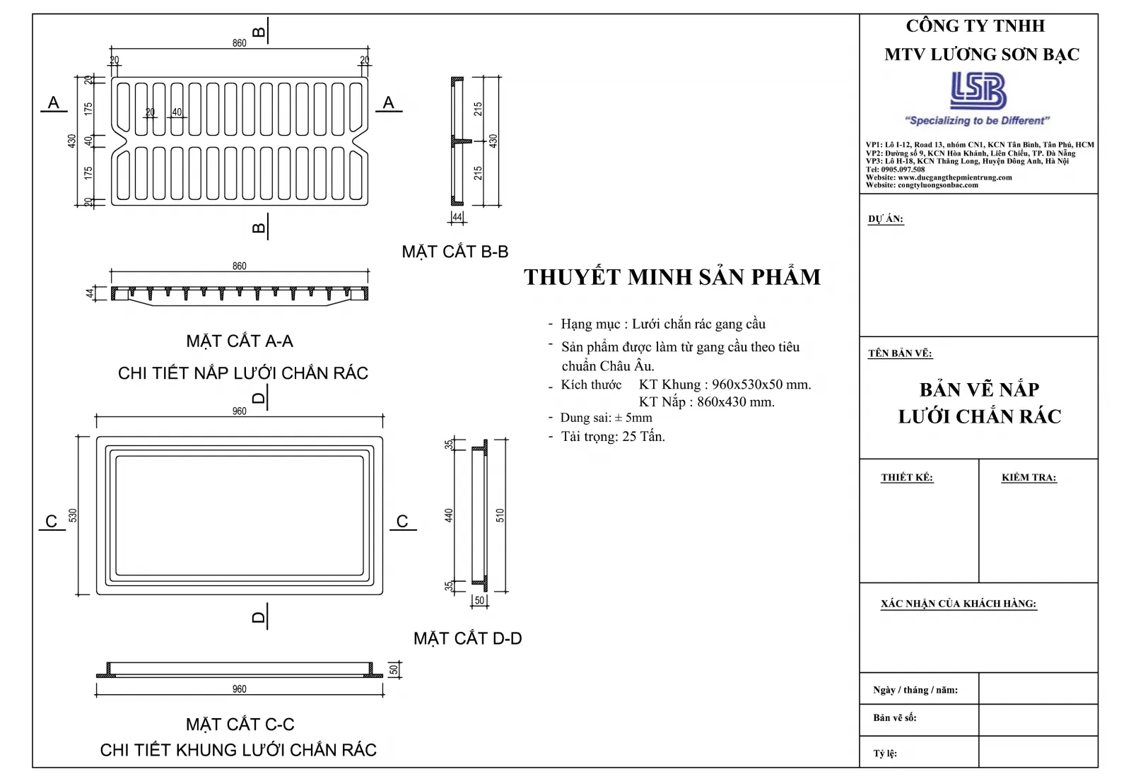 bản vẽ Bộ lưới chắn rác bằng gang cầu 960x530x50 mm